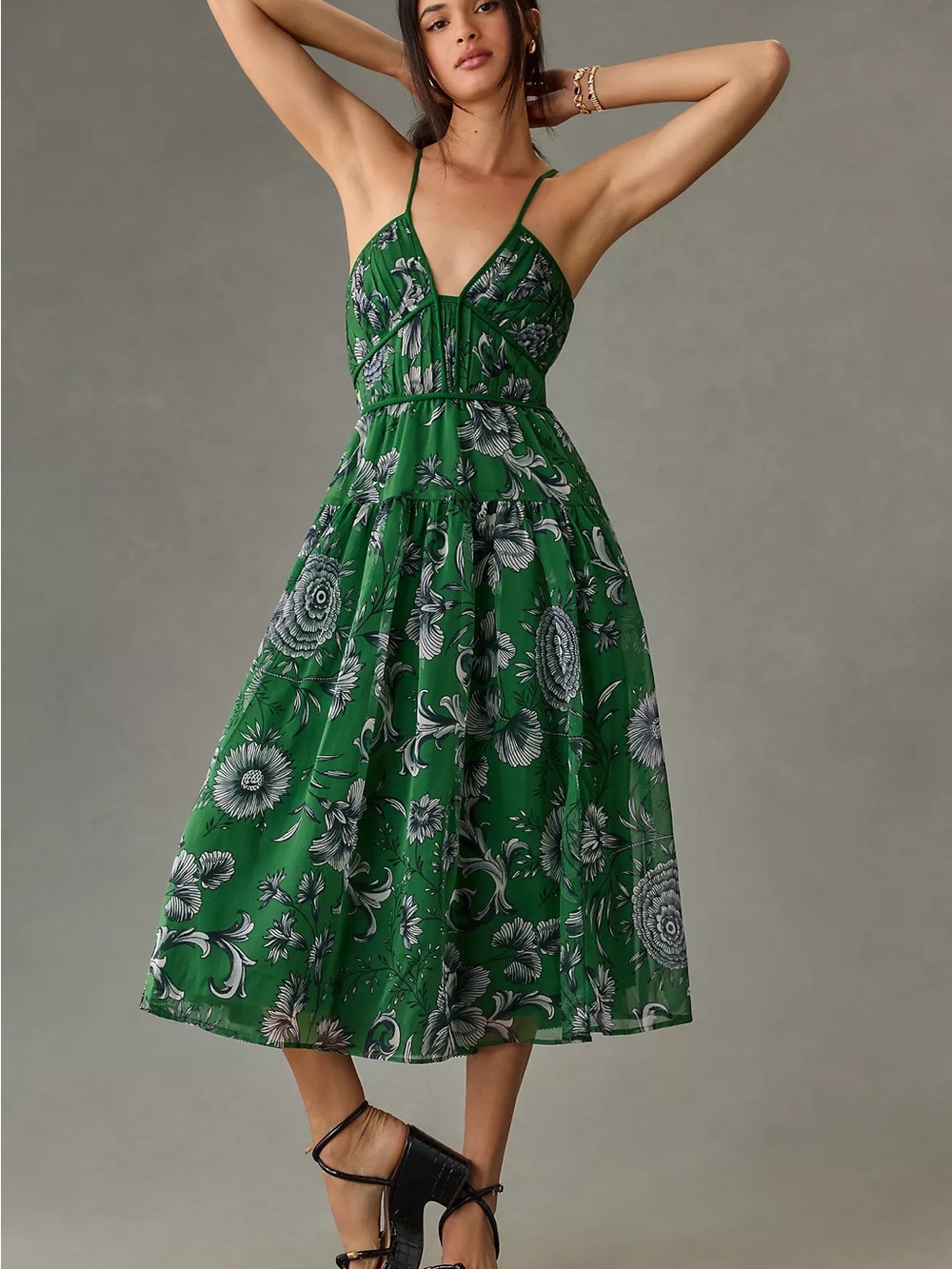 Anthropologie V-Neck Floral Halter Midi Dress